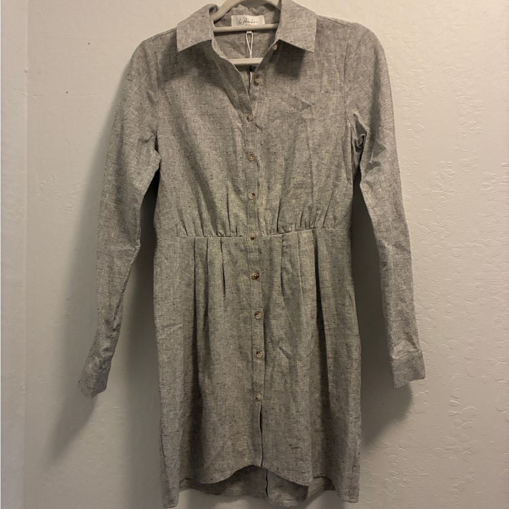 L'Academie gray linen-blend button-down shirt dress